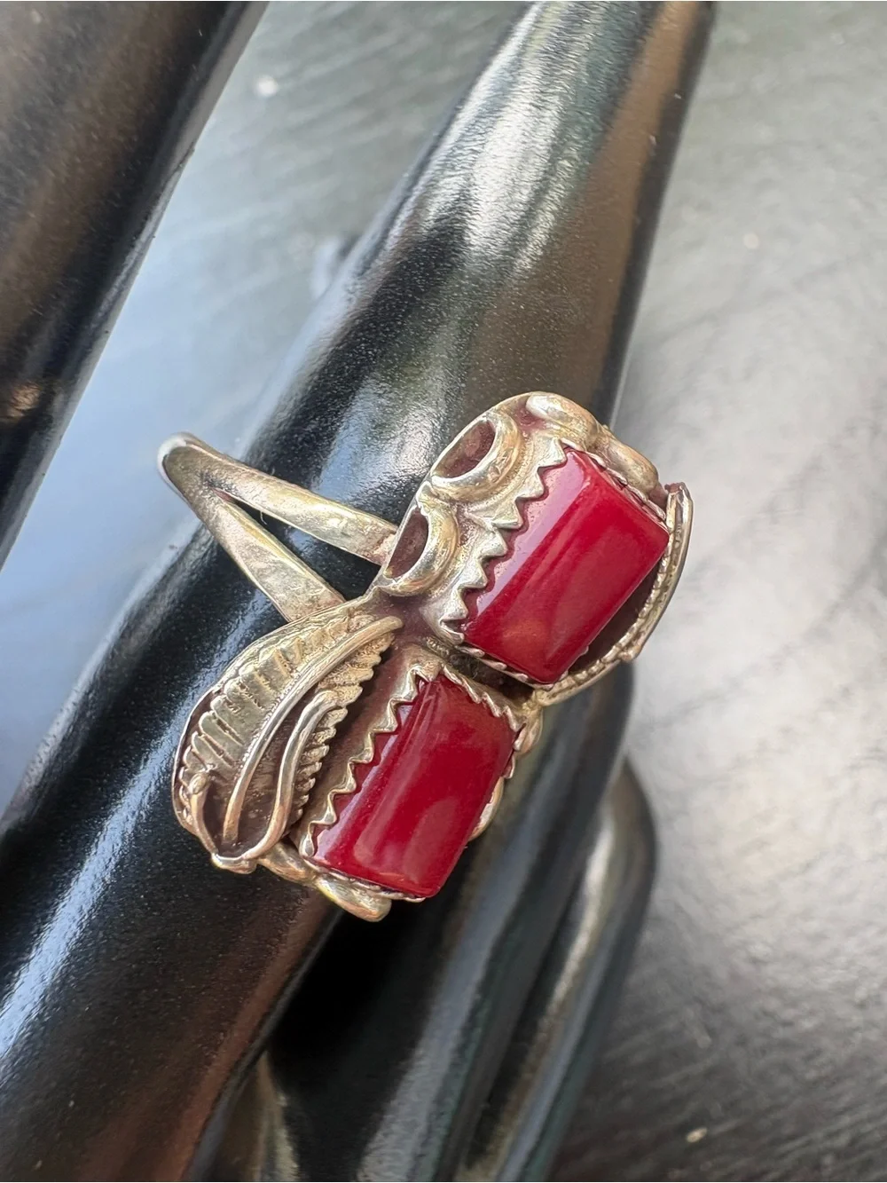Southwest Style Ring with Red Stones and Feather Accents - Size 7.25